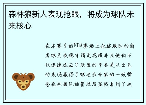 森林狼新人表现抢眼，将成为球队未来核心