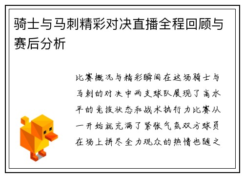 骑士与马刺精彩对决直播全程回顾与赛后分析